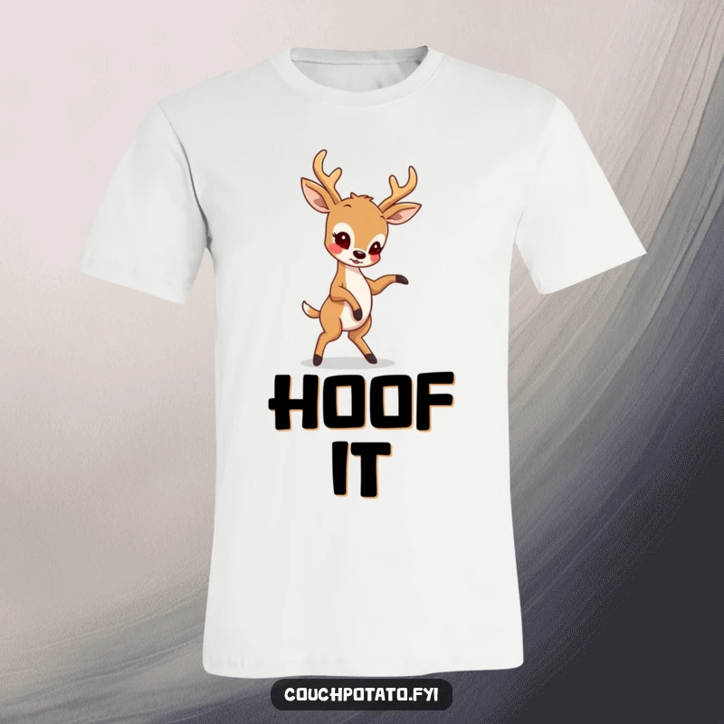 Funny T-shirt depicting a deer enthusiastically attempting a complex dance step with an amusingly earnest expression, highlighting its dance aspirations.