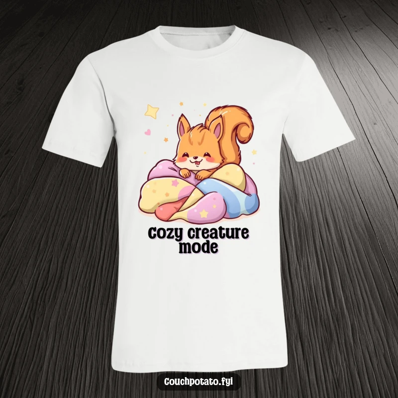 Funny joyful squirrel buried in a pile of colorful blankets, dreaming peacefully on a soft t-shirt.