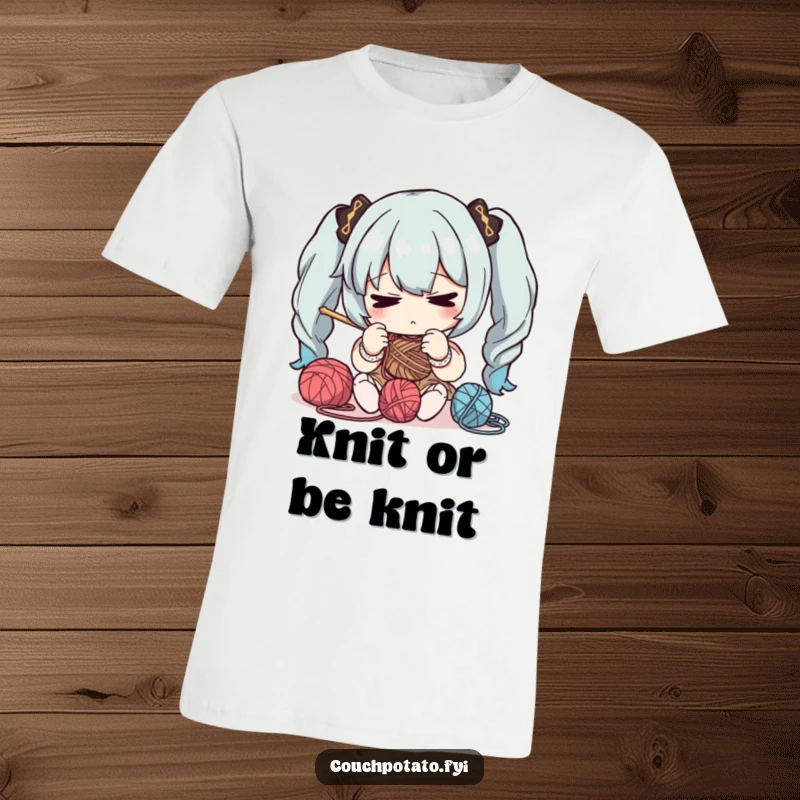 Funny t-shirt depicting a character concentrating deeply on yarn and needles, perfect for showcasing dedication to knitting or crochet.