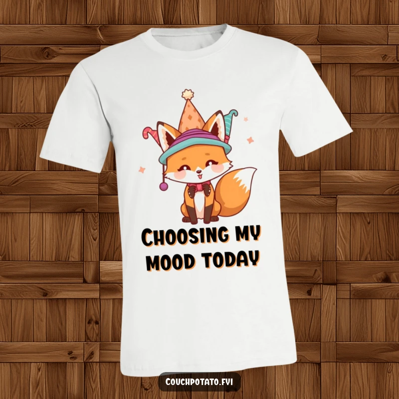 Funny playful fox enthusiastically trying on numerous hats at once, printed on a t-shirt, expressing vibrant and humorous personality.