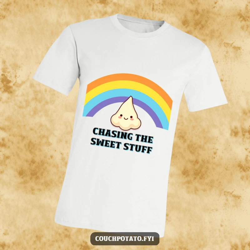Funny t-shirt featuring a gleeful cream cheese blob joyfully descending a colorful rainbow, embodying pure, unadulterated happiness.