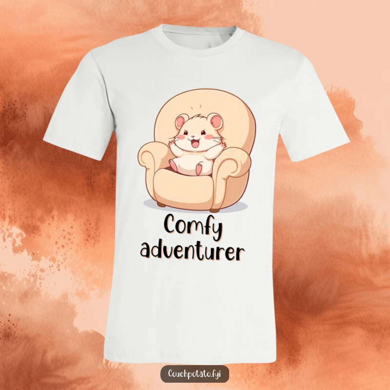 Funny hamster happily rolling in a large, plush armchair, printed on a tee, showcasing a humorous and cozy scene.