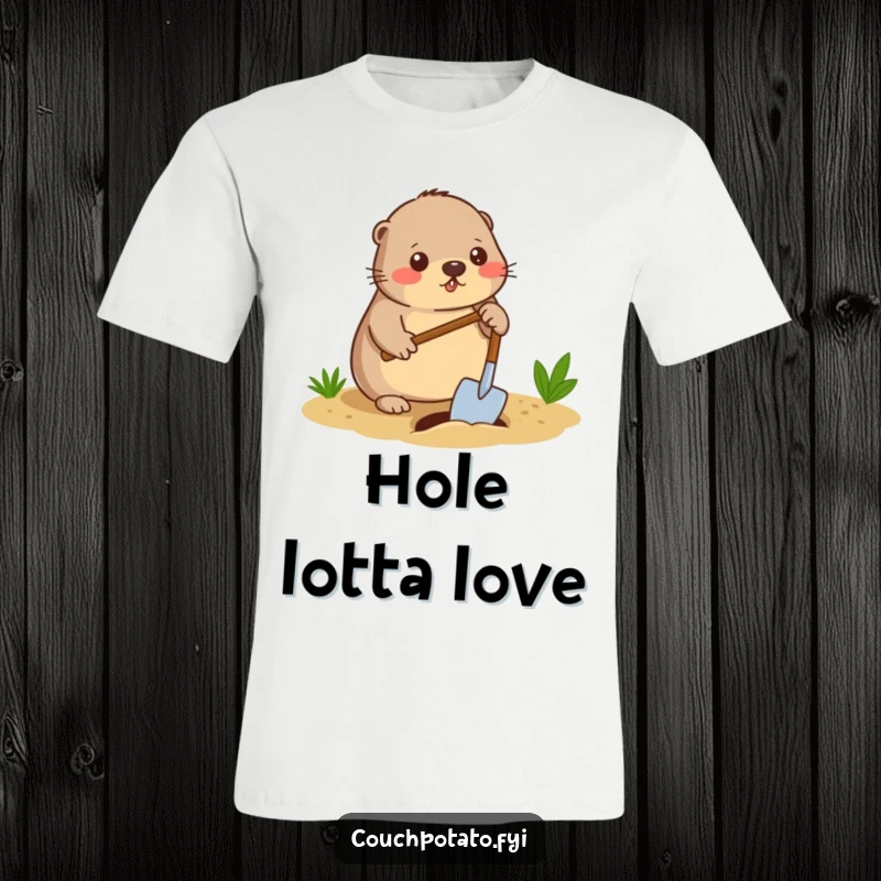 Funny mole digger t-shirt, a diligent mole digging a hole in the ground with a spade, amusing and practical apparel.