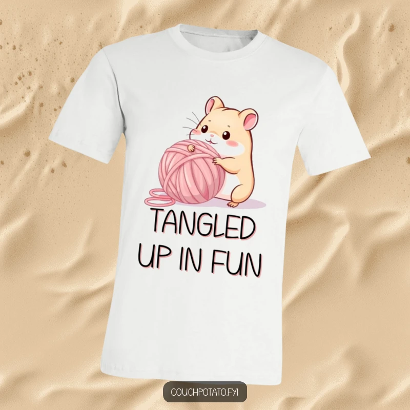 Funny playful hamster hilariously attempting to wind a massive ball of yarn, ideal for a funny t-shirt gift.