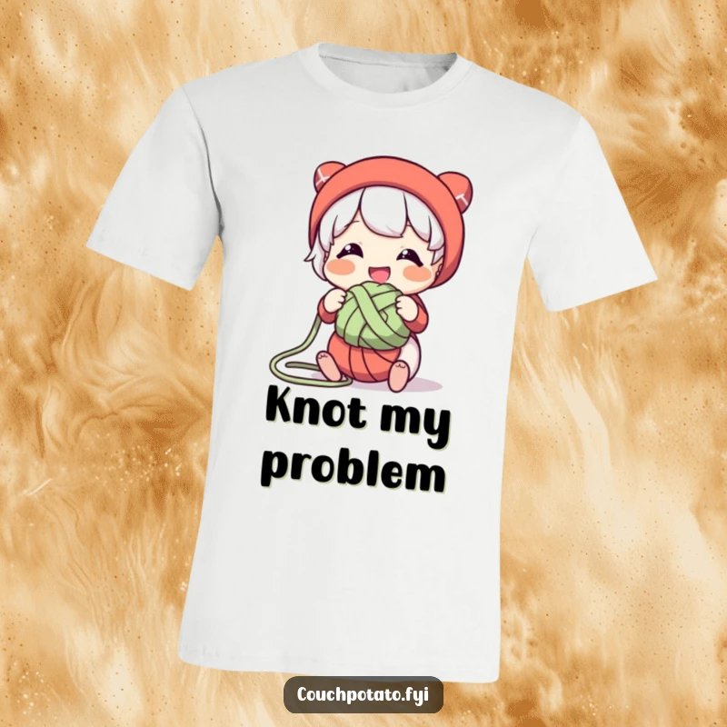Funny t-shirt depicting a character with a smile, playfully working to untangle a messy knot of yarn, celebrating problem-solving.