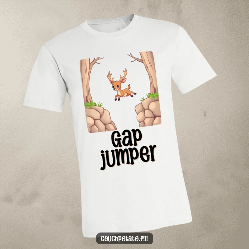 Funny Deer T-Shirt: A determined deer is captured mid-attempt, trying to jump a seemingly impossible gap with resolve.