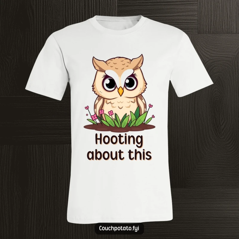 Funny owl t-shirt, a curious owl with wide eyes is inspecting a small garden bed with great interest.