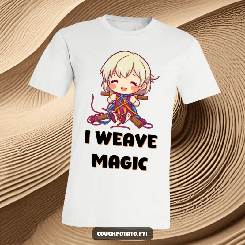 Funny character happily weaving intricate colorful yarn patterns on a graphic t-shirt.