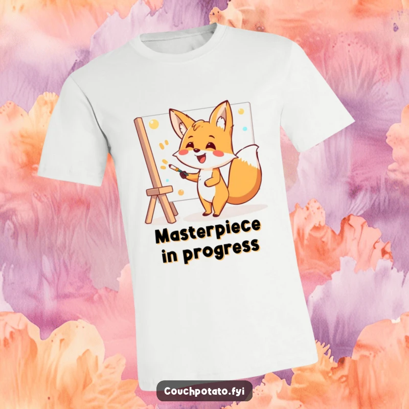 Funny Fox Painting T-Shirt: A cheerful fox artist beams with delight while energetically painting a vast canvas, radiating artistic joy.