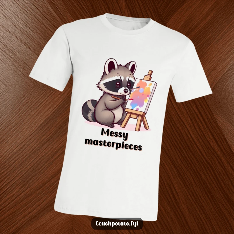 Funny curious raccoon enthusiastically painting on a small canvas, printed on a t-shirt, showcasing artistic determination and humor.