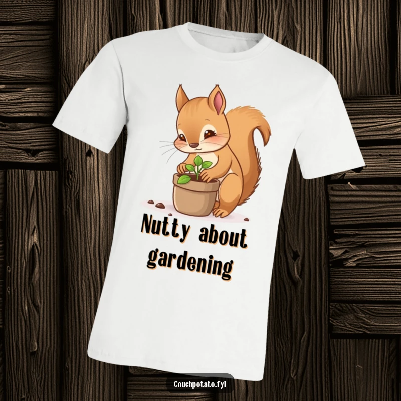 Funny squirrel planting t-shirt, a focused squirrel carefully placing a tiny sprout into a pot, engaging garden apparel.