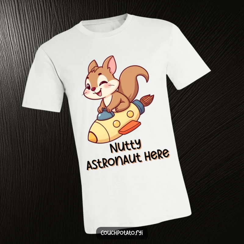 Funny squirrel rocket t-shirt featuring a grinning squirrel riding a small rocket ship through the air.