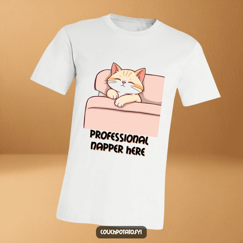 Funny content cat dozing off on a sofa, paw dangling, purring softly, a comfortable and humorous t-shirt.
