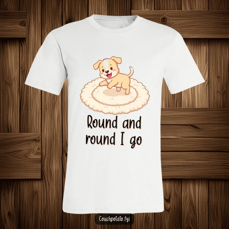 Funny playful puppy chasing its tail in circles on a fluffy rug, depicted on a comfortable t-shirt.