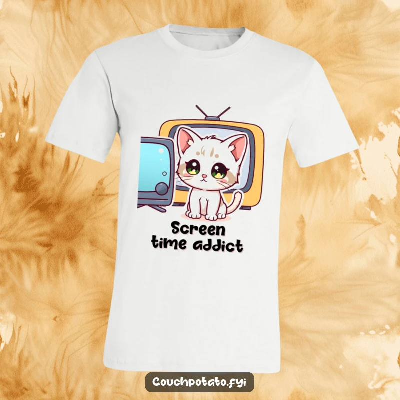 Funny wide-eyed kitten intensely watching a television, printed on a tee, showcasing a humorous obsession with screens.