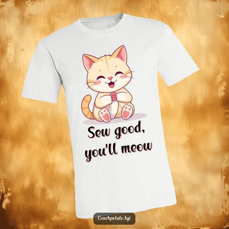 Funny Cat Sewing T-Shirt: A happy cat confidently stitches a button onto fabric, showcasing its sewing prowess and feline charm.