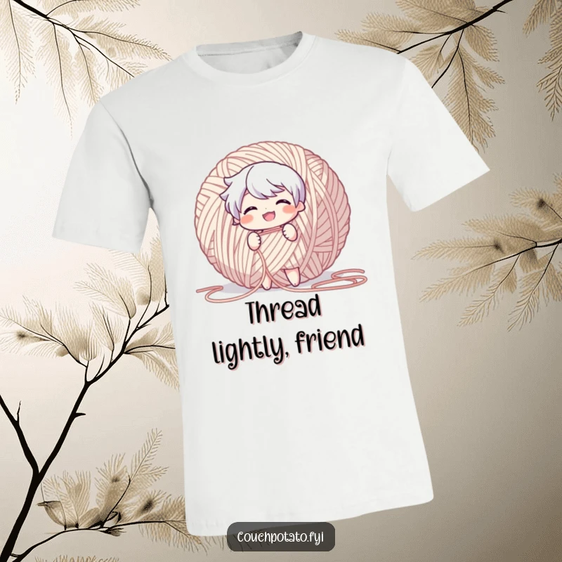 Funny T-Shirt featuring a character grinning as they pull a long thread from a giant ball of yarn.