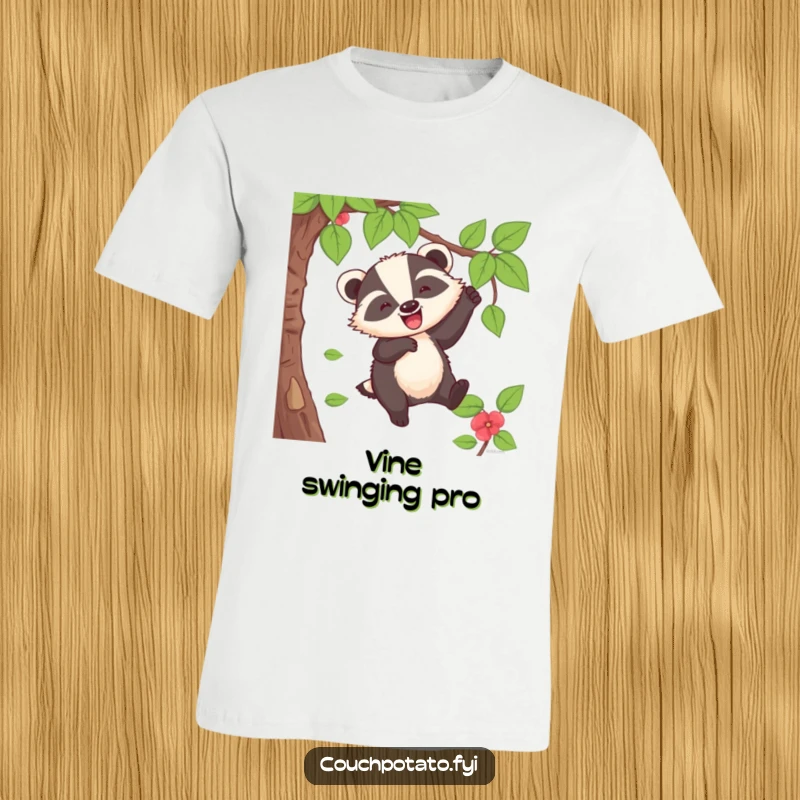Funny Badger T-Shirt: A cheerful badger is enthusiastically swinging from a vine, exclaiming a joyful 'whoop!'.