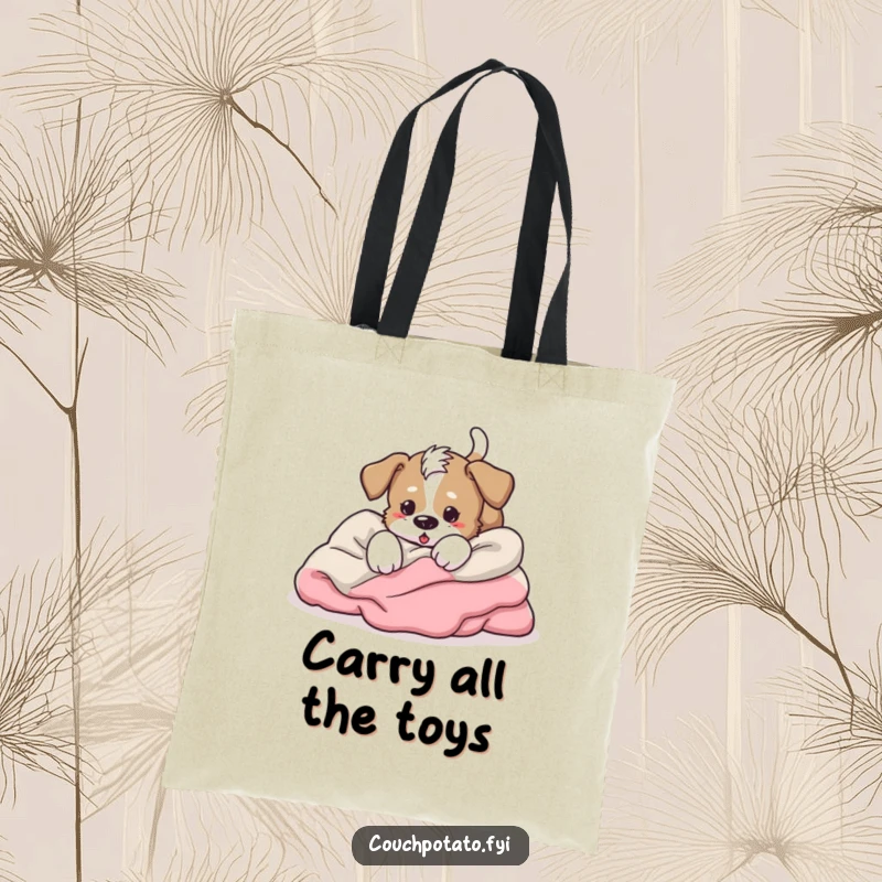 Funny energetic puppy tumbling headfirst into blankets, tail wagging furiously, a durable and humorous tote bag.