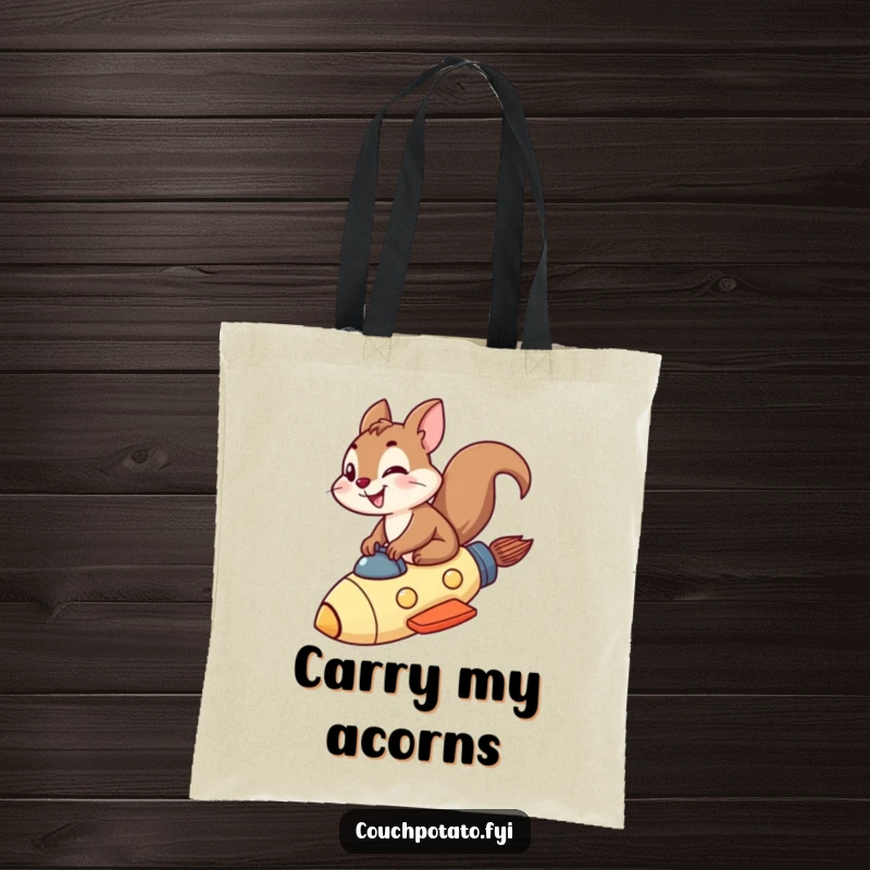 Funny squirrel rocket tote bag depicting a grinning squirrel riding a rocket ship, perfect for errands.