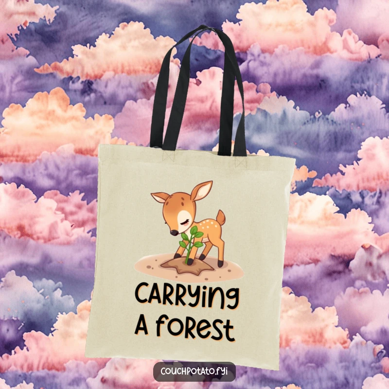 Funny deer tote bag, a playful deer is shown patting soil around a sapling, a perfect accessory for gardeners.