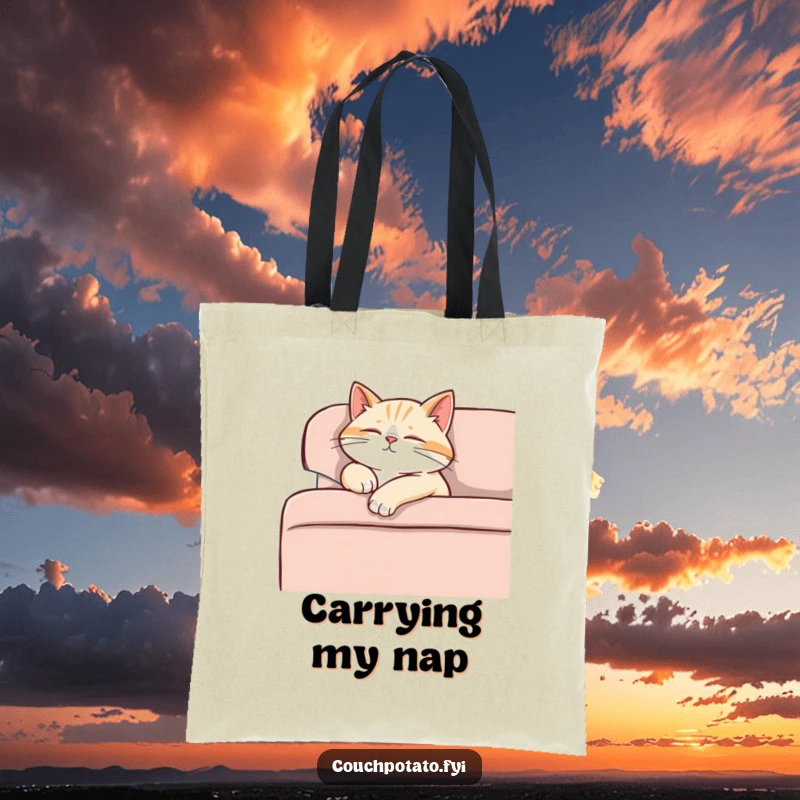 Funny content cat dozing off on a sofa, paw dangling, purring softly, a stylish and practical tote bag.
