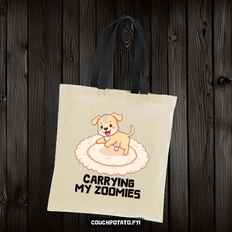 Funny playful puppy chasing its tail in circles on a fluffy rug, printed on a stylish and durable tote bag.