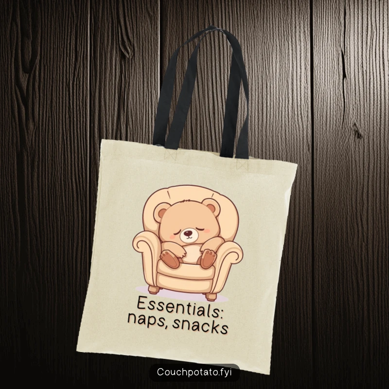 Funny Sleepy Bear Tote Bag featuring a cute bear cub doing a luxurious stretch while sinking into a comfy armchair, ideal for errands.