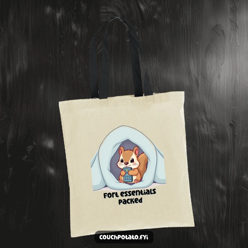 Funny curious squirrel peeking from blanket fort, clutching remote control, a practical and humorous tote bag.