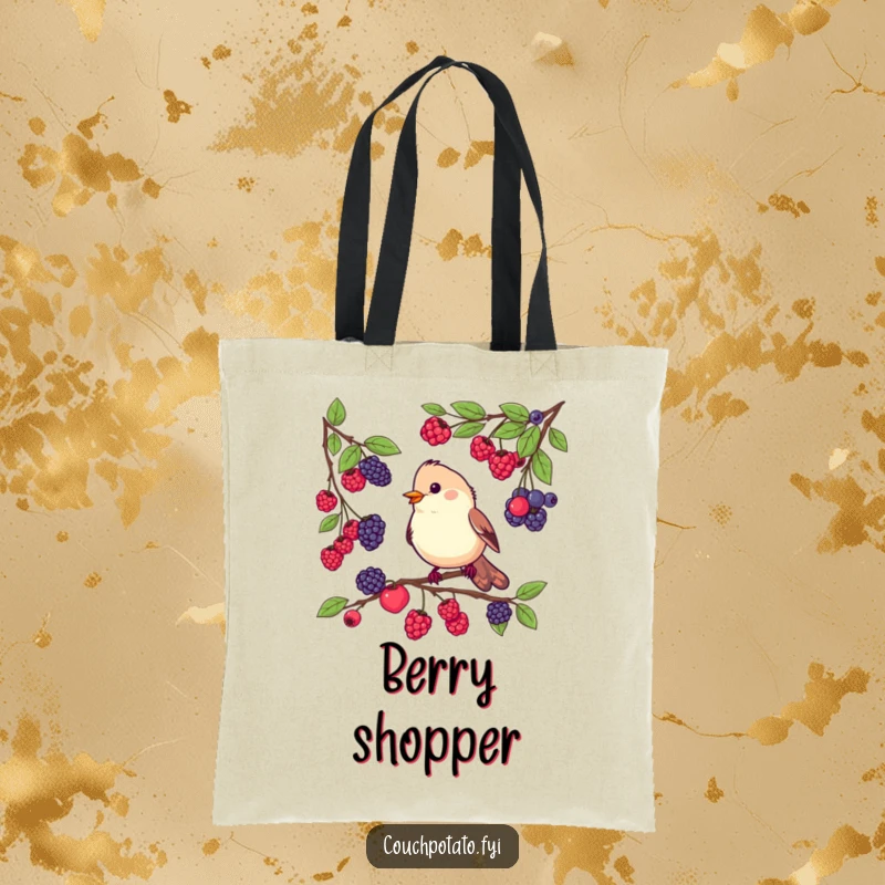 Funny tote bag illustrated with a busy bird sampling different berries from various branches, a delightful accessory for nature lovers.