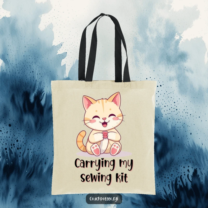 Funny Cat Tote Bag: A happy cat confidently sews a button onto fabric, a stylish and practical bag for crafters.