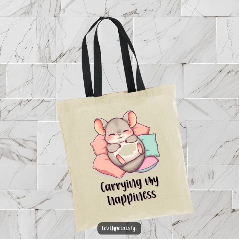 Funny Chinchilla Tote Bag featuring a cute chinchilla happily rolling on its back amidst pillows, ideal for daily use.