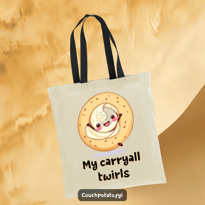 Funny cream cheese swirl doing a cartwheel with a bagel, featured on a spacious tote bag for carrying essentials.