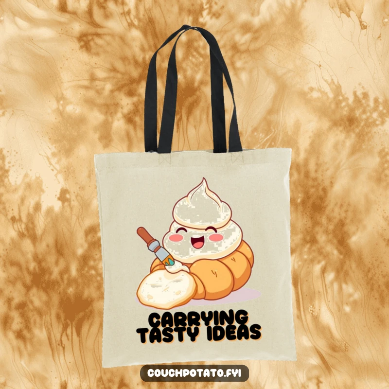 Funny tote bag with a happy cream cheese tub painting a croissant, perfect for carrying art supplies or groceries.