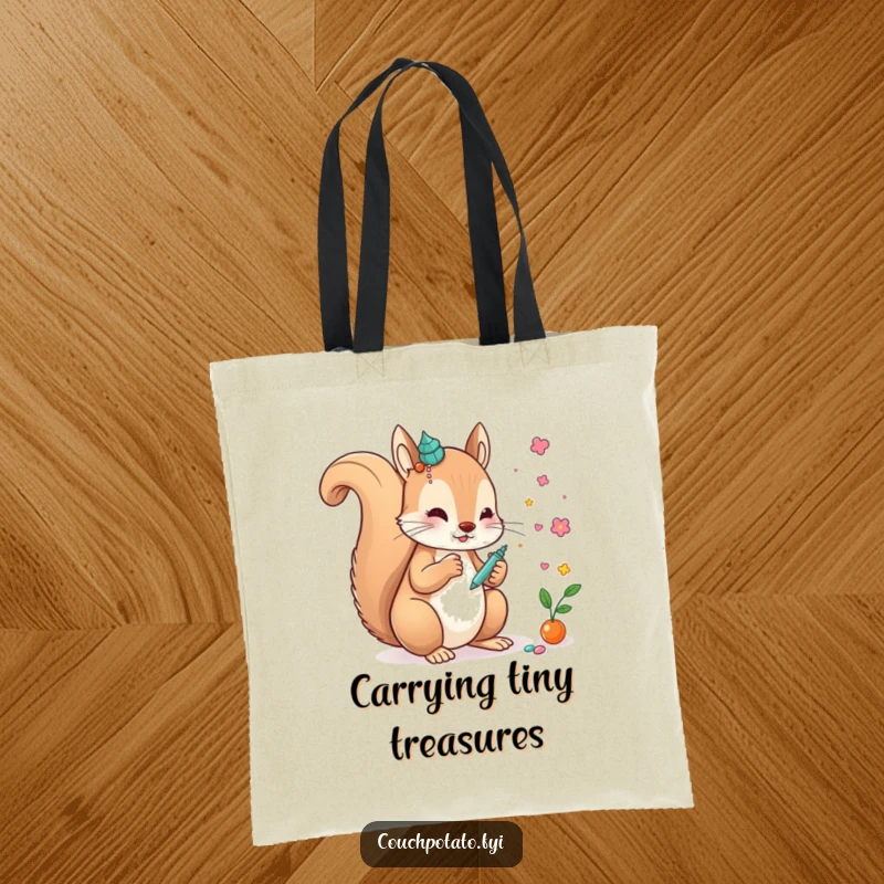 Funny creative squirrel gluing decorative pieces onto a whimsical artwork, depicted on a durable, funny tote bag.