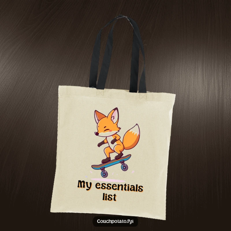 Funny Fox Tote Bag: A daring fox balances expertly on one skateboard wheel, performing a trick with street style.