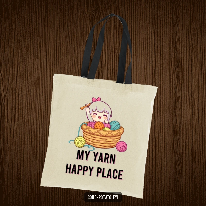 Funny tote bag illustrating a character gleefully dropping a crochet hook into a basket overflowing with yarn, perfect for craft storage.