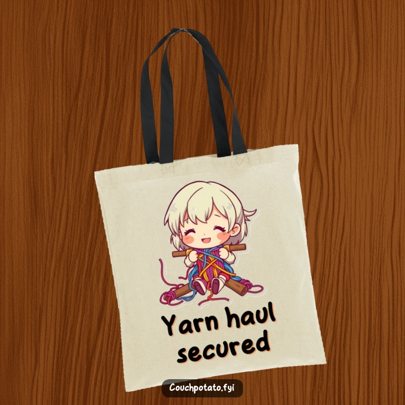Funny character happily weaving colorful yarn into a complex pattern on a reusable tote bag.