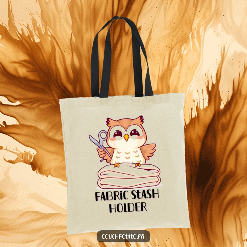 Funny joyful owl holding scissors over neatly folded fabric, depicted on a durable, funny tote bag.