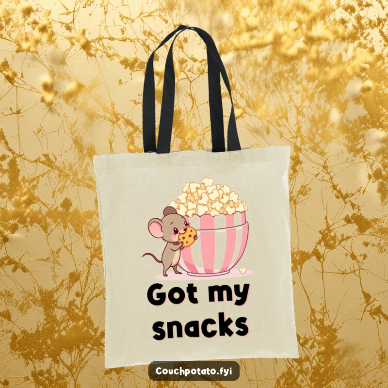 Funny tiny mouse with a mischievous grin sneaking a cookie from a giant popcorn bowl, a practical tote bag.