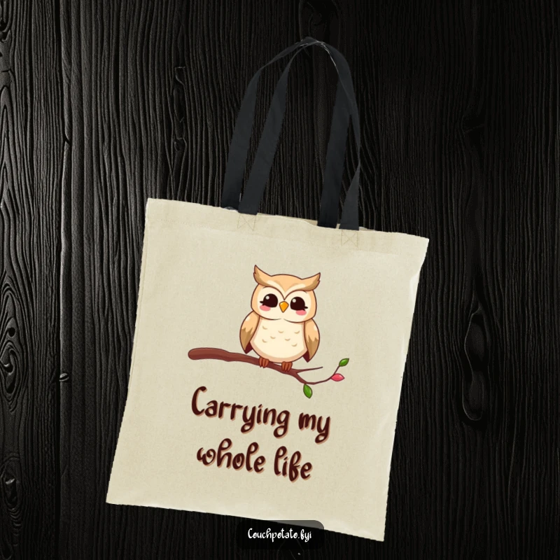 Funny owl tote bag depicting a smiling bird balancing precariously on a thin branch, offering a touch of humor for shoppers.