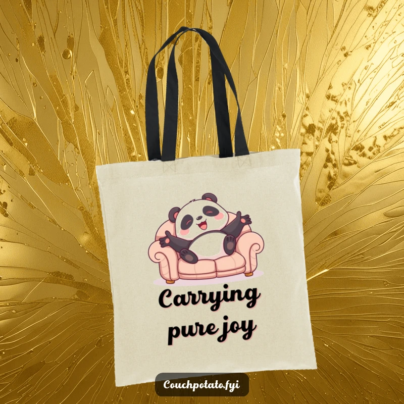 Funny panda tote bag featuring a giggling character rolling on a sofa, perfect for carrying essentials with a dose of cheer.