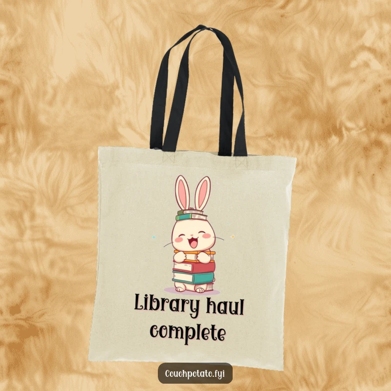 Funny giggling rabbit balancing a stack of books on its head on a durable tote bag, perfect for humorous library trips.