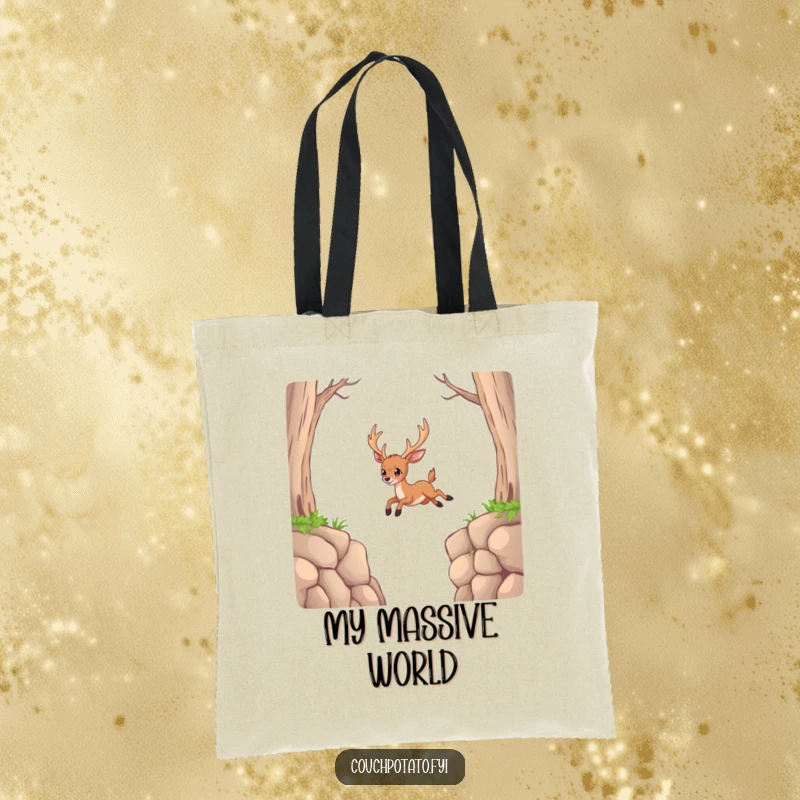 Funny Deer Tote Bag: A determined deer attempts to jump across a large, seemingly impossible gap with resolve.