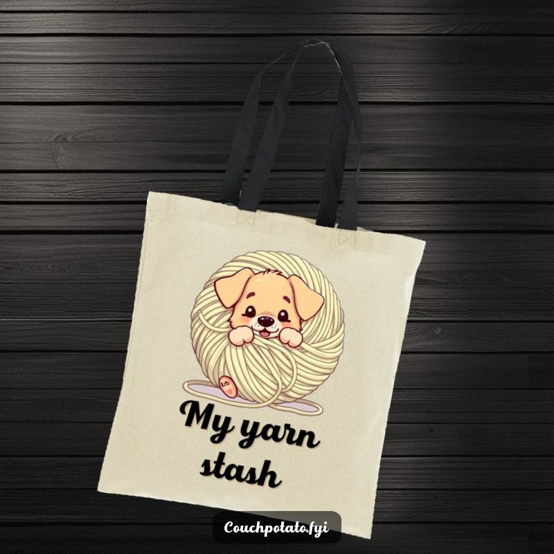 Funny puppy comically tangled in a giant ball of yarn, on a tote bag, illustrating a humorous and chaotic adventure.