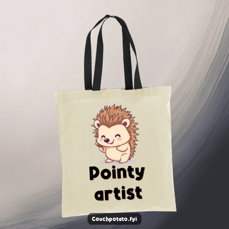 Funny tote bag illustrated with a smiling hedgehog using its quills to create art, a delightful and functional accessory for carrying supplies.